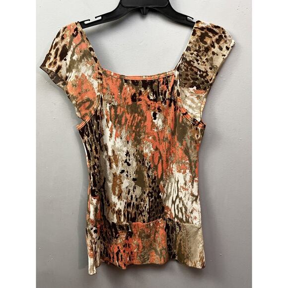 DKNY Jeans Petite Top Womens Small Y2K Brown Tan Peach‎ Ruffle Animal Print - Picture 2 of 9